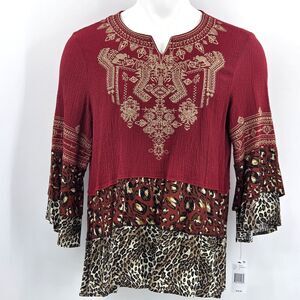 Calessa Embroidered Patchwork Tiered Tunic Top Blouse Womens Size Medium Boho